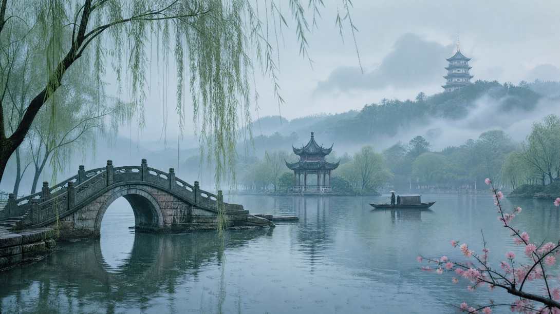 西湖烟雨 断桥残柳 水波潋滟 江南古风 4K 壁纸 - 唯爱壁纸