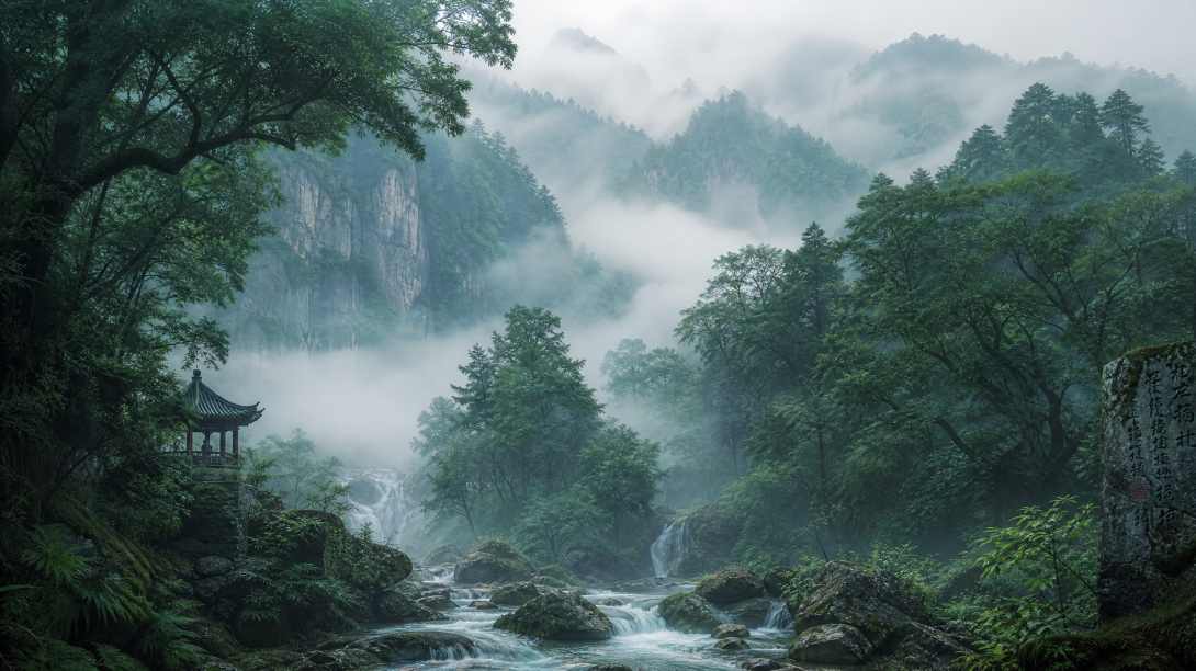 深山密林 晨雾弥漫 溪水潺潺 清幽国风 4K 壁纸 - 唯爱壁纸