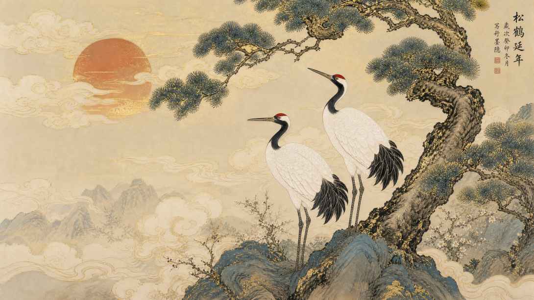 松鹤祥云 雅致吉祥 国风工笔 4K 壁纸 - 唯爱壁纸