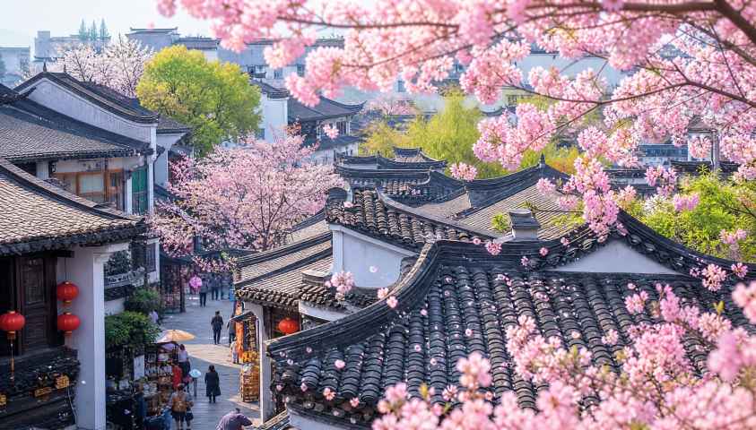 樱花与青瓦 中式民居 青瓦花影 市井春日 4K壁纸 - 唯爱壁纸