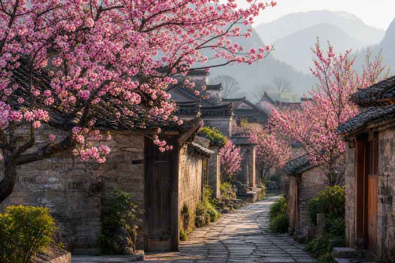 桃花与古村落 古村巷陌 桃花掩映 岁月静好 4K壁纸 - 唯爱壁纸