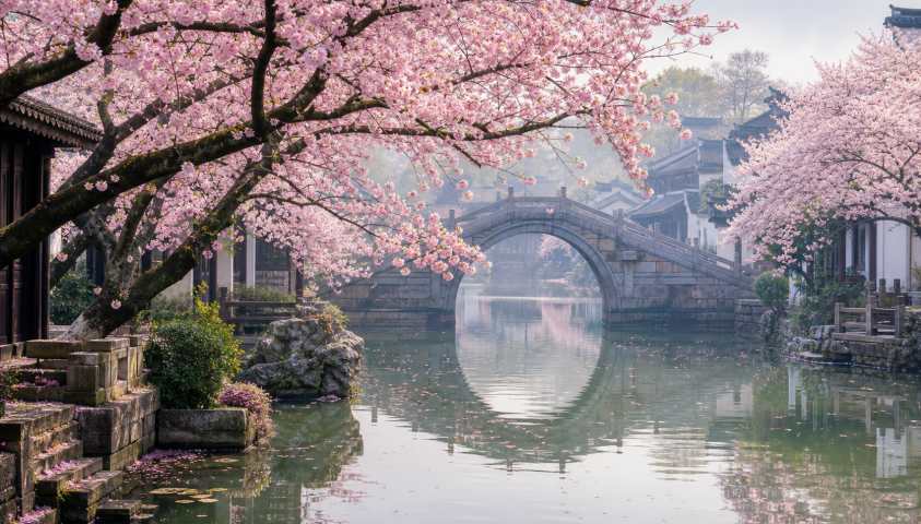 樱花与石桥 石拱桥畔 花树低垂 江南春景 4K壁纸 - 唯爱壁纸