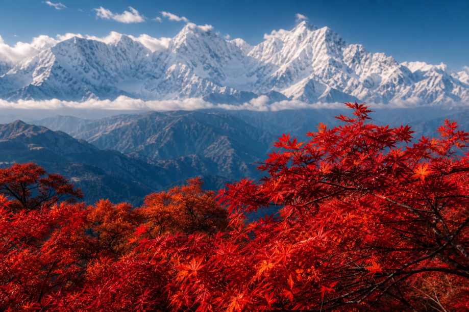 红枫与雪山 远处雪峰 近处枫红 冷暖交织 4K壁纸 - 唯爱壁纸