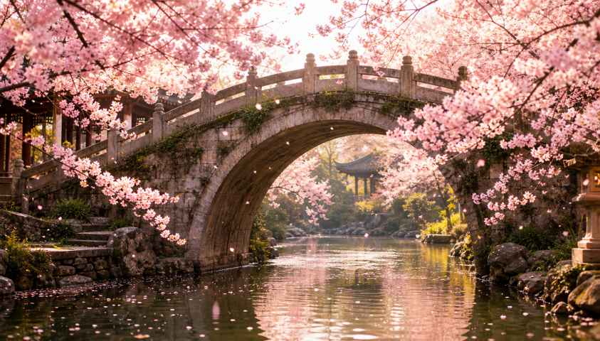 樱花与古桥 石拱古桥 花树掩映 古韵春日 4K壁纸 - 唯爱壁纸