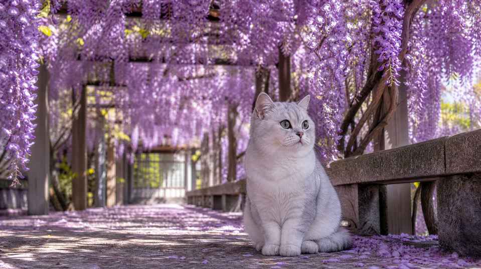 银渐层与紫藤花廊 静坐花下 紫花垂落 浪漫春日 4K壁纸 - 唯爱壁纸