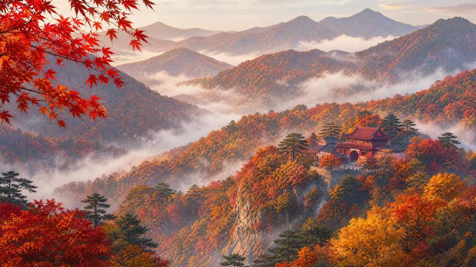道观秋山远景 红檐隐于枫林 层林尽染 国风秋景 4K壁纸 - 唯爱壁纸