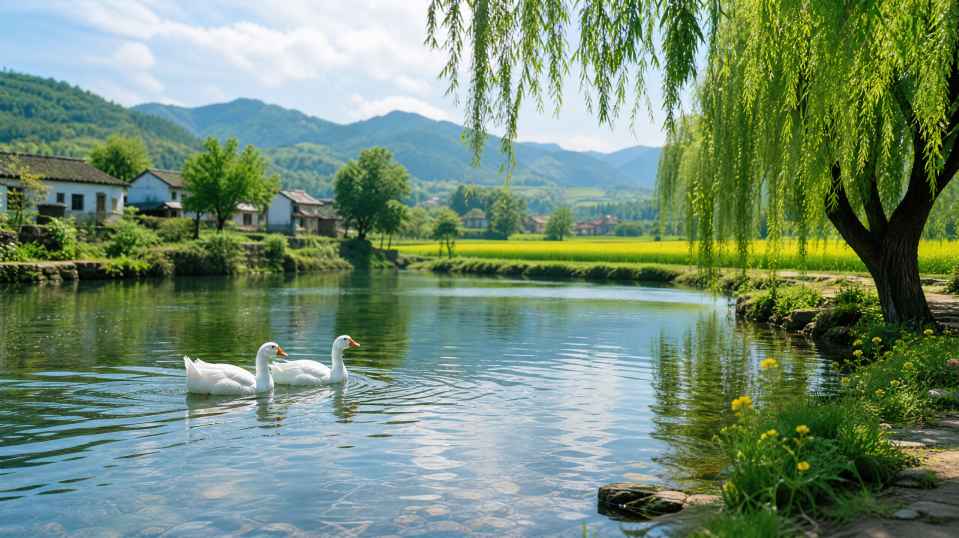白鹅与乡村小河 结伴游水 岸边垂柳 田园初夏 4K壁纸 - 唯爱壁纸