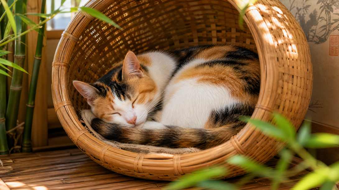 三花猫与竹编篮 窝篮酣睡 花色灵动 雅致治愈 4K壁纸 - 唯爱壁纸