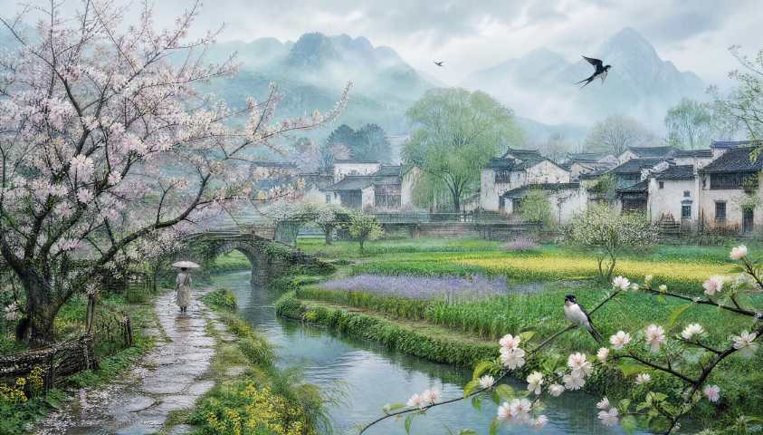 杏花微雨 古村阡陌 草长莺飞 国风春景 4K 壁纸 - 唯爱壁纸