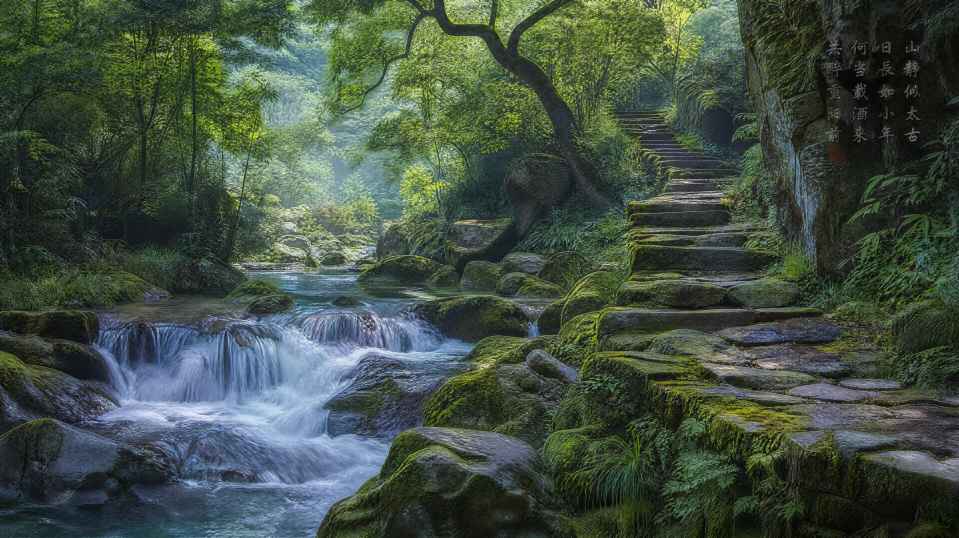 山石流水 青苔石阶 山林野趣 清逸国风 4K 壁纸 - 唯爱壁纸