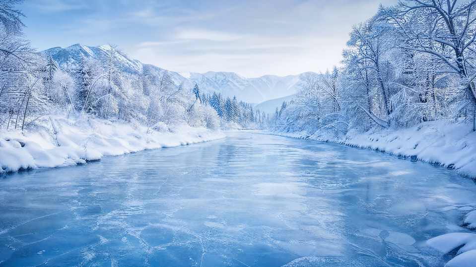 雪与河流 河流冰封 两岸积雪 静谧冬景 4K壁纸 - 唯爱壁纸