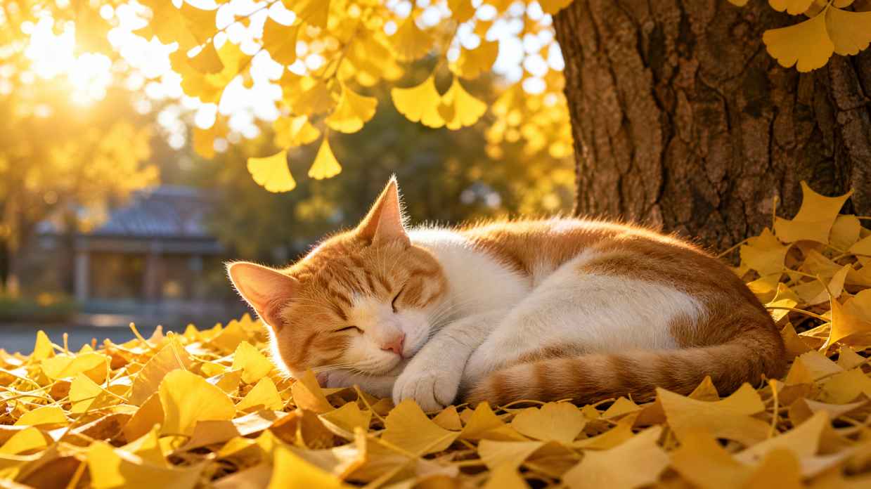 银杏与猫 猫咪卧于落叶上 阳光暖身 治愈秋日 4K壁纸 - 唯爱壁纸