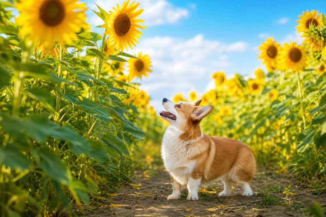 柯基与向日葵花田 短腿伫立 花旁仰望 清新夏日 4K壁纸 - 唯爱壁纸