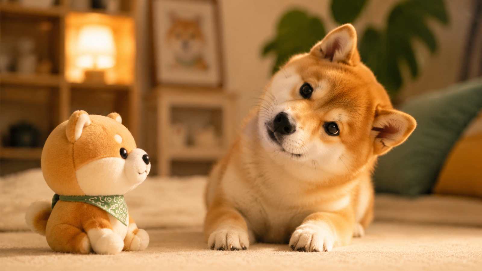 柴犬与玩偶对视 歪头萌态 趣味日常 温馨治愈 4K壁纸 - 唯爱壁纸