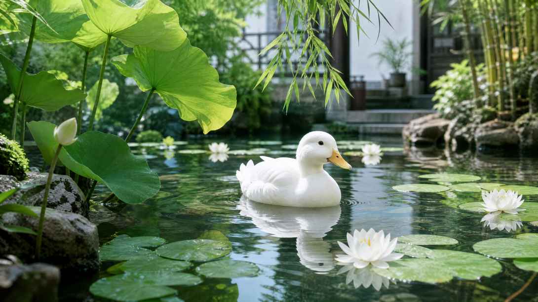 柯尔鸭与庭院池塘 白羽浮游 荷叶相伴 清雅夏日 4K壁纸 - 唯爱壁纸