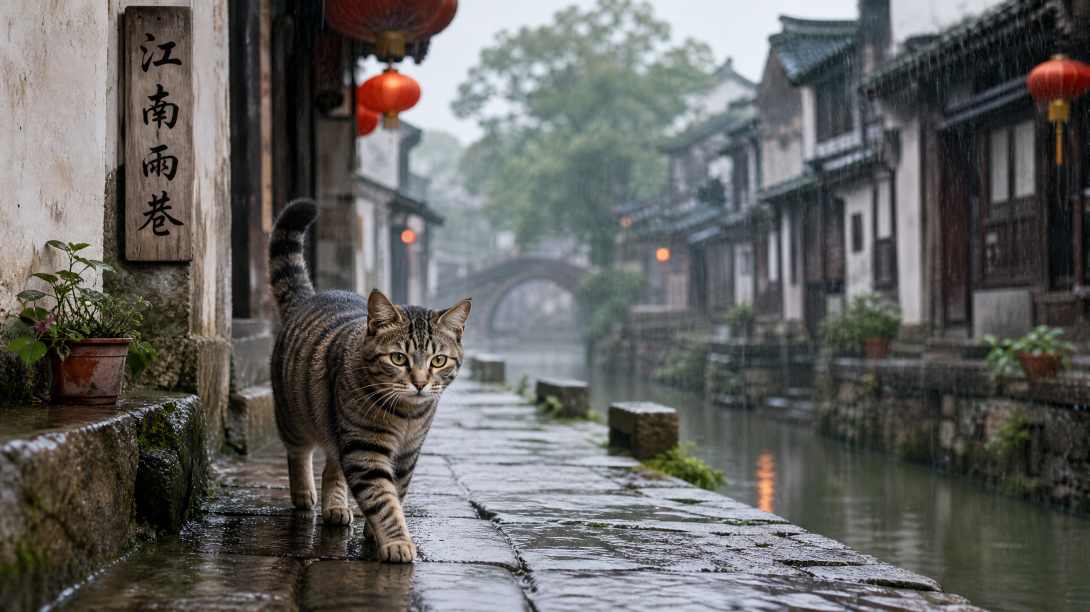狸花猫与江南雨巷 缓步青石板 细雨濛濛 烟雨萌趣 4K壁纸 - 唯爱壁纸