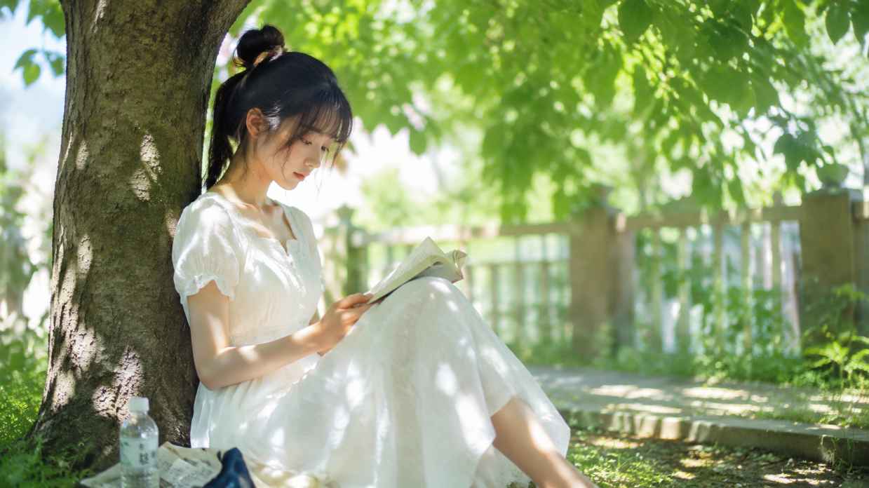 夏日白衣少女 树荫下读书 阳光斑驳 清新日系 4K壁纸 - 唯爱壁纸