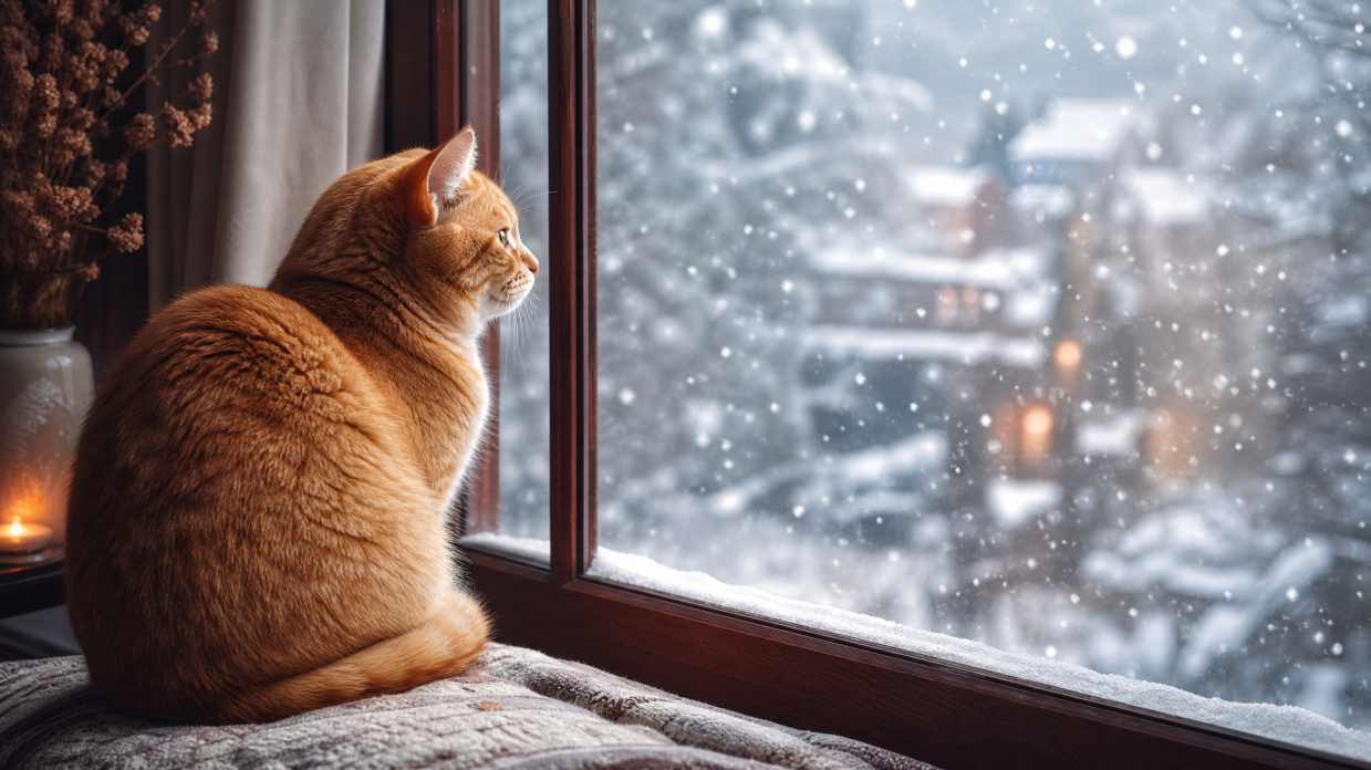 橘猫与飘雪窗边 凝望落雪 安静发呆 温柔冬景 4K壁纸 - 唯爱壁纸
