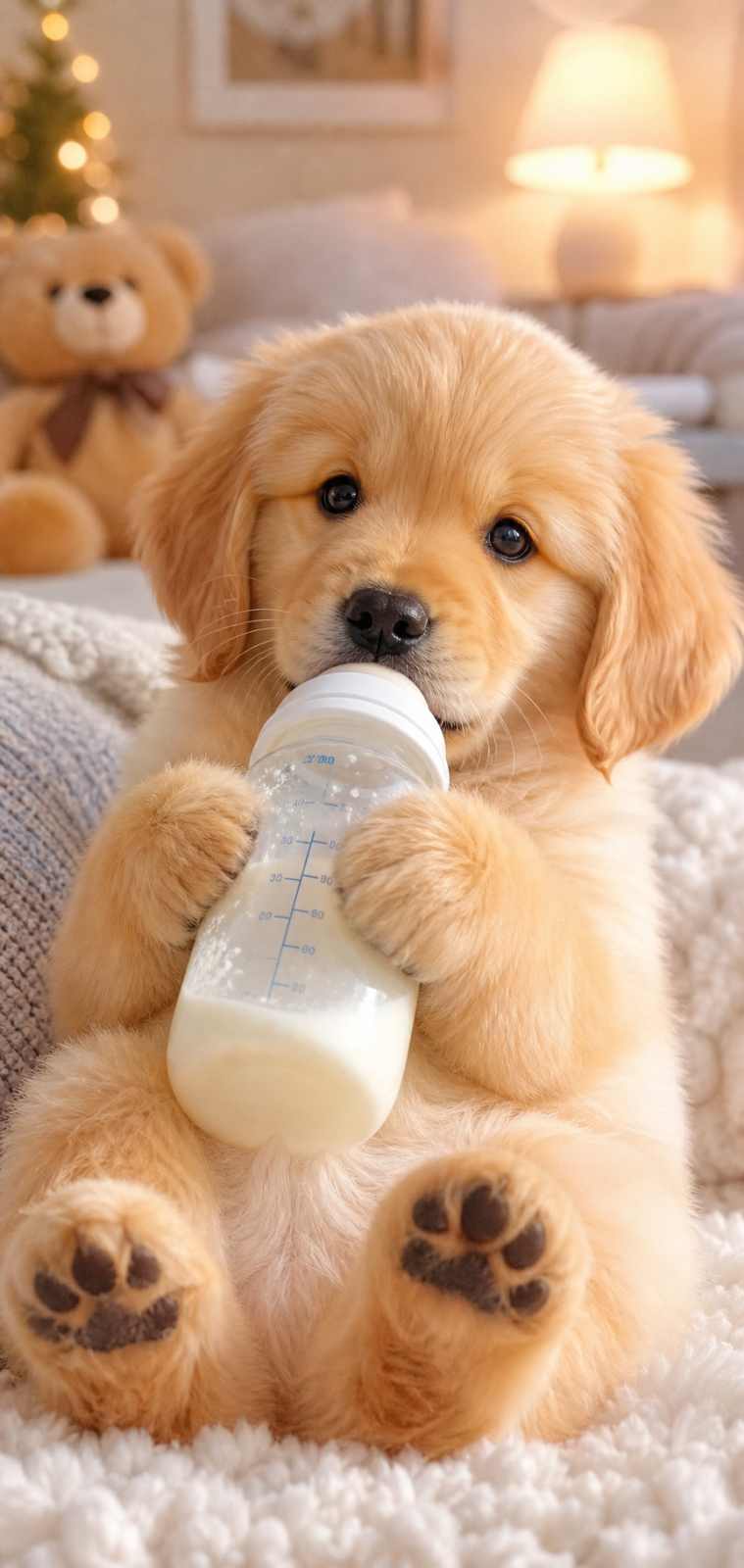 金毛幼犬与奶瓶 软乎乎 喝奶憨态 治愈软萌 4K壁纸 - 唯爱壁纸