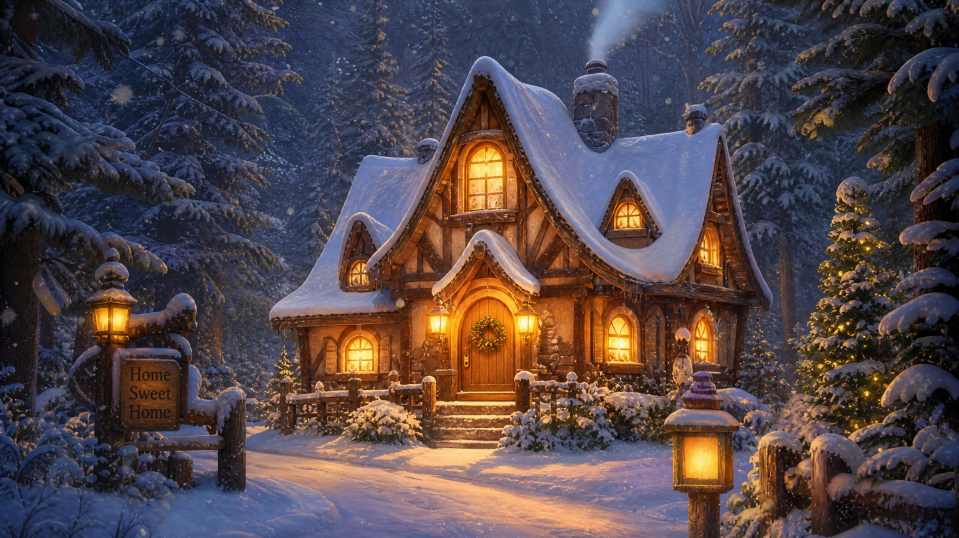 童话小屋，森林深处，烟囱，灯光，雪景，温暖 - 唯爱壁纸
