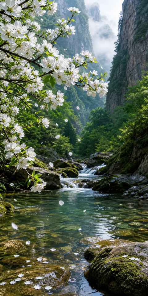 梨花与溪流 山涧清溪 梨花飘落 清冷治愈 4K壁纸 - 唯爱壁纸