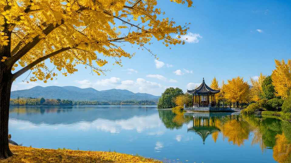 银杏与湖泊 湖面倒影 黄叶蓝天 静谧秋日 4K壁纸 - 唯爱壁纸