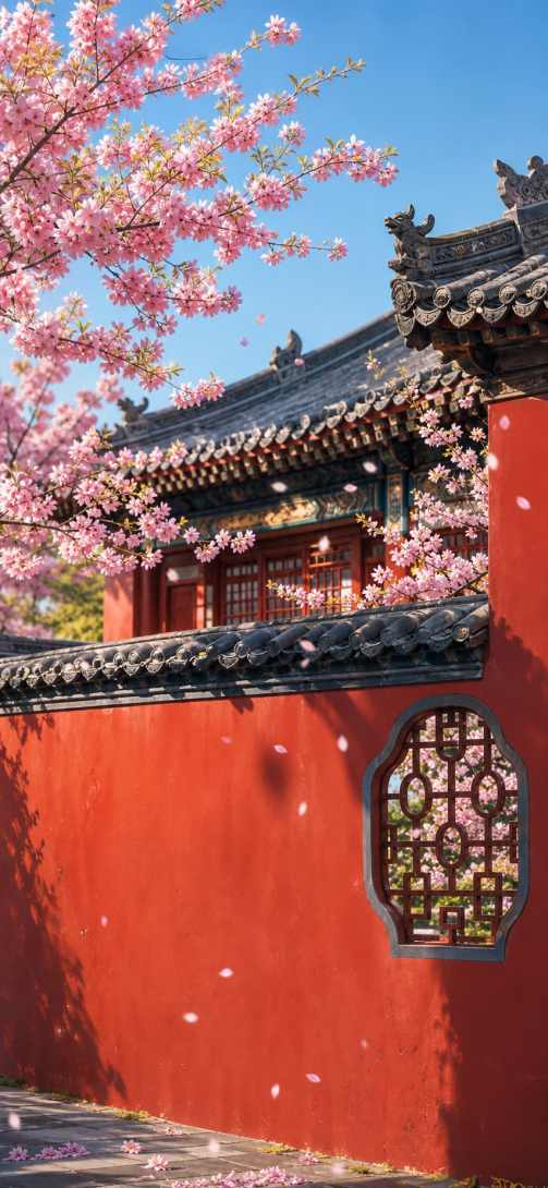 古建樱花 红墙黛瓦 花枝探墙 国风春日 4K壁纸 - 唯爱壁纸