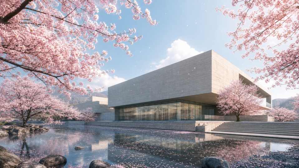 樱花与美术馆 简约建筑 花树点缀 艺术春日 4K壁纸 - 唯爱壁纸