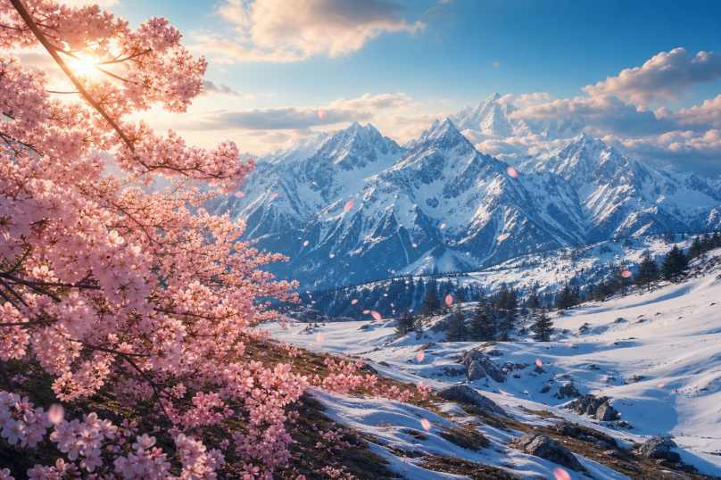 樱花雪山 远处雪峰 近处花盛 冷暖交织 4K壁纸 - 唯爱壁纸