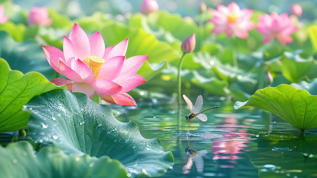 夏日荷塘 粉色荷花 碧绿荷叶 蜻蜓点水 清新唯美 4K壁纸 - 唯爱壁纸