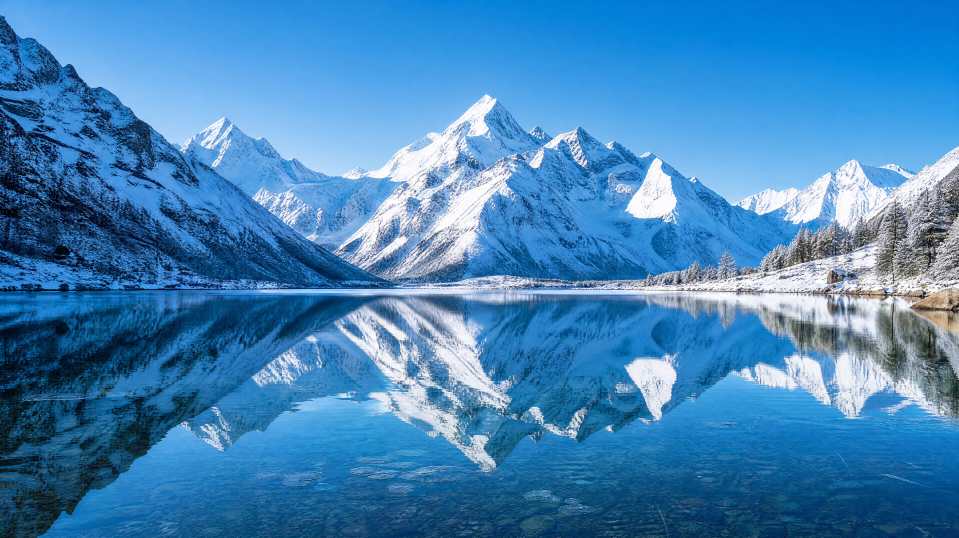 冬日雪山倒影 平静冰湖 雪峰倒影 纯净镜像 4K壁纸 - 唯爱壁纸