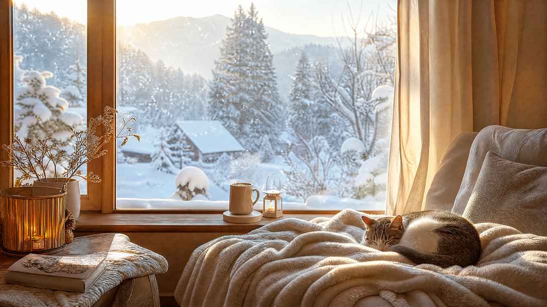 冬日暖阳与毛毯 毛毯裹身 窗边看雪 治愈冬日 4K壁纸 - 唯爱壁纸