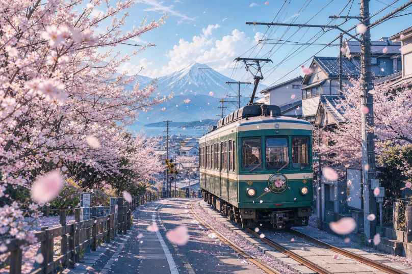 电车樱花道 列车穿行 花瓣飞舞 日系清新 4K壁纸 - 唯爱壁纸