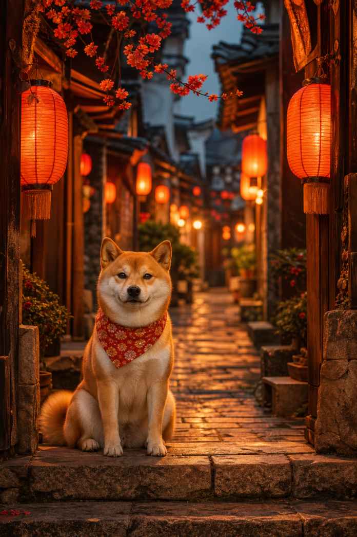 柴犬与古街灯笼 巷口静坐 暖光映身 古韵萌趣 4K壁纸 - 唯爱壁纸