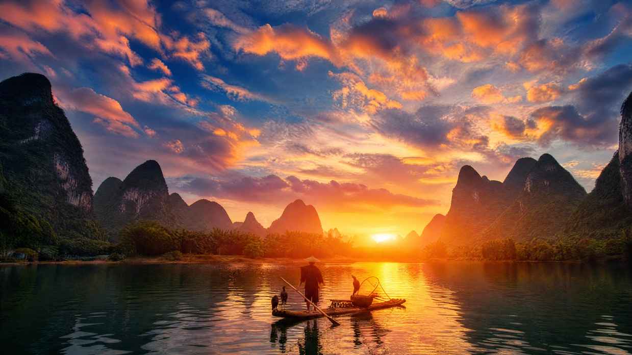 自然 风景 天空 云 山脉 船 水 河流 日落 4K壁纸 - 唯爱壁纸