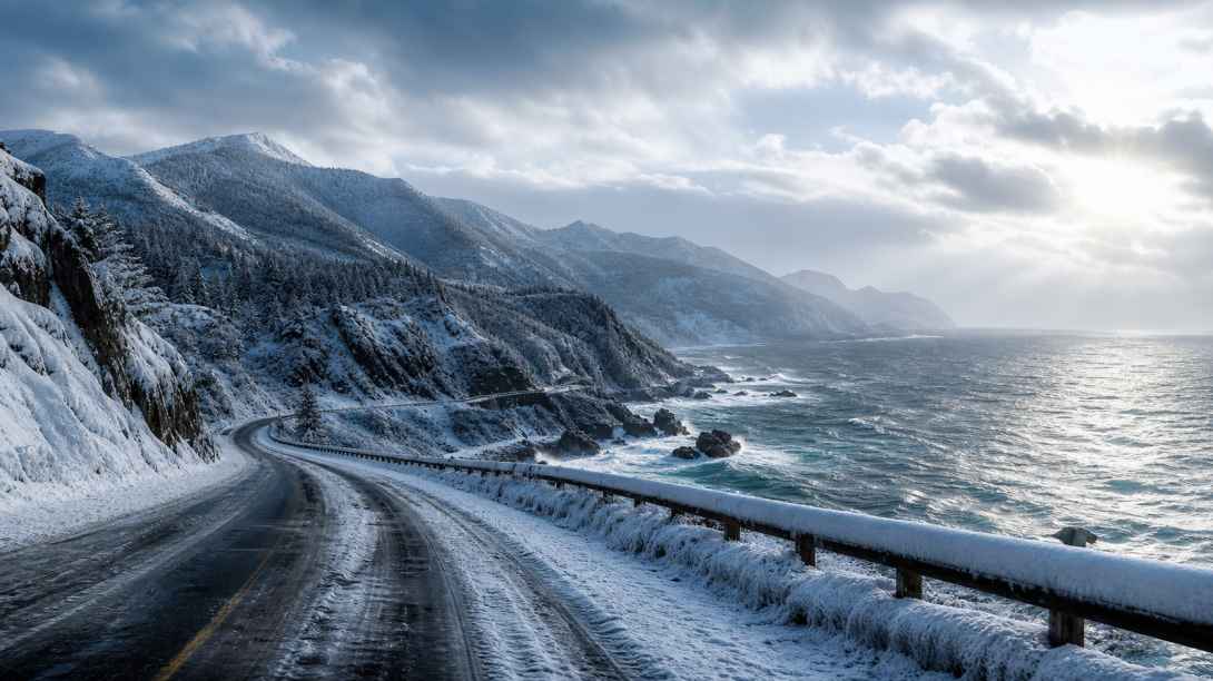 雪与海岸公路 沿海公路 旁侧积雪 自驾冬景 4K壁纸 - 唯爱壁纸