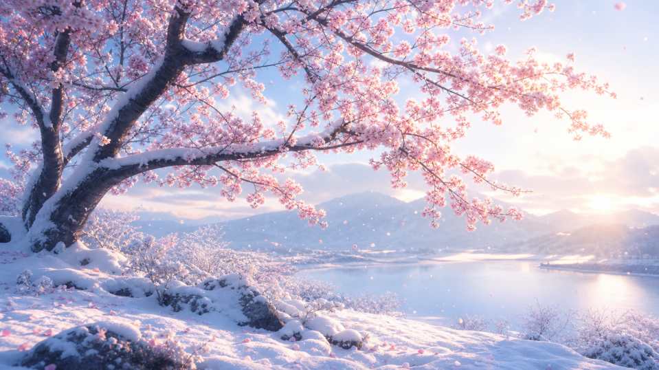 雪后樱花 早雪落樱 粉白相间 唯美惊艳 4K壁纸 - 唯爱壁纸