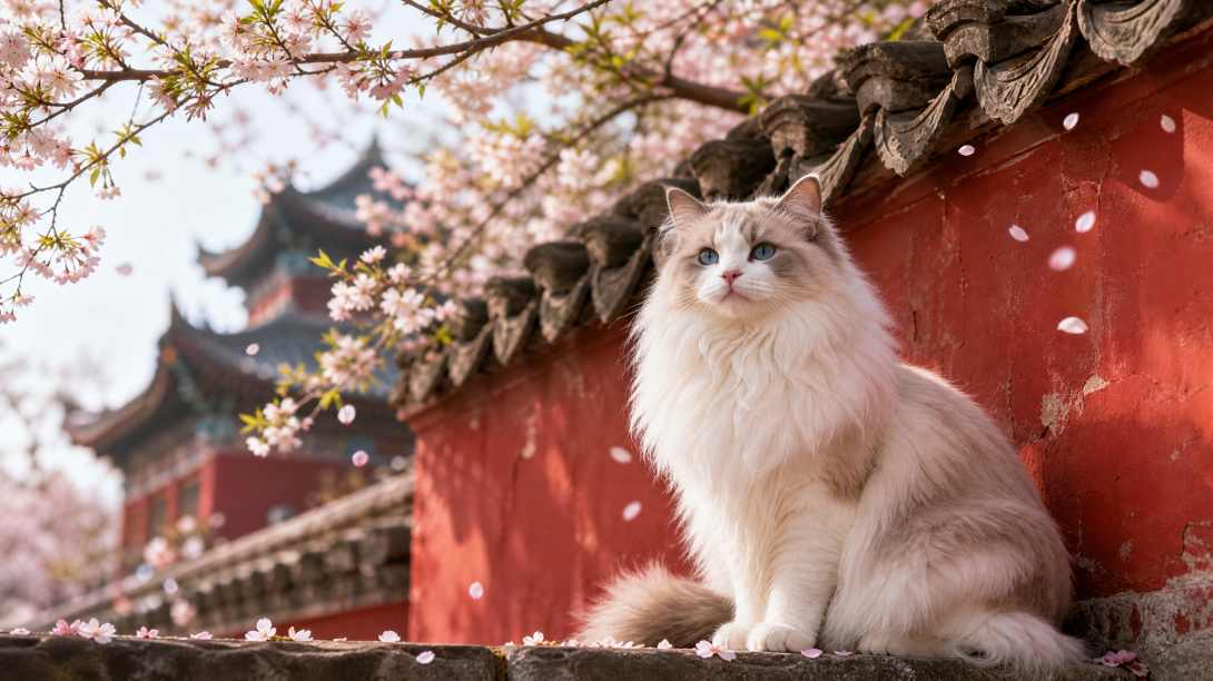 布偶猫与古寺红墙 长毛垂落 落花相伴 雅致春日 4K壁纸 - 唯爱壁纸