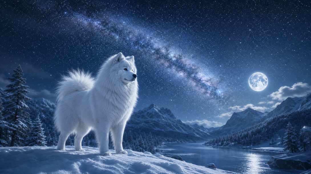 萨摩耶与星空雪地 银白身影 银河相伴 梦幻冬夜 4K壁纸 - 唯爱壁纸