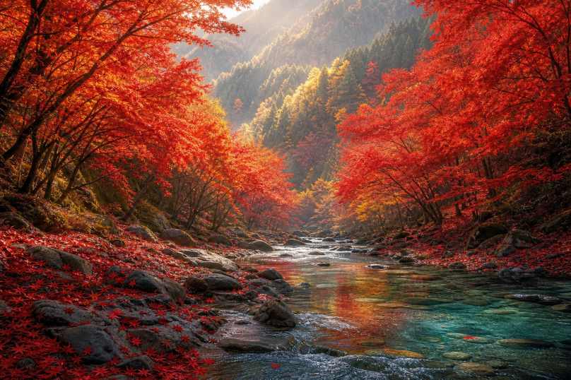 红枫与山涧 山涧溪流 两岸枫红 清幽秋景 4K壁纸 - 唯爱壁纸