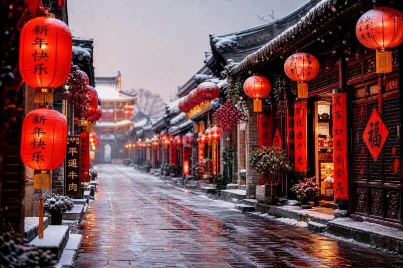 雪后古街灯笼 古街积雪 红灯笼高挂 年味冬日 4K壁纸 - 唯爱壁纸