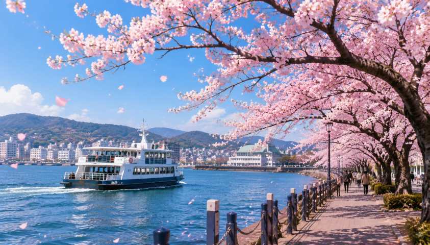 樱花与渡轮 江面渡轮 江岸花树 春日出行 4K壁纸 - 唯爱壁纸