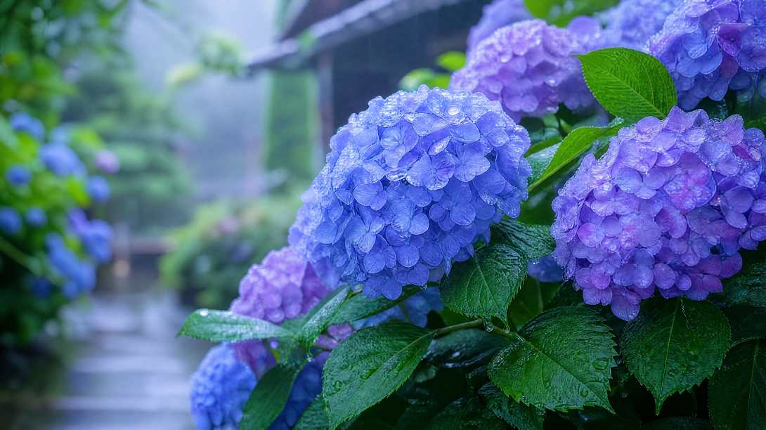 夏日紫阳花 蓝紫色花朵 雨后湿润 清新柔和 4K壁纸 - 唯爱壁纸