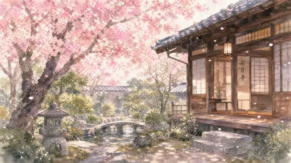 樱花树下的日式庭院，粉色花瓣飘落，传统木建筑，柔和光线，水彩风格 - 唯爱壁纸