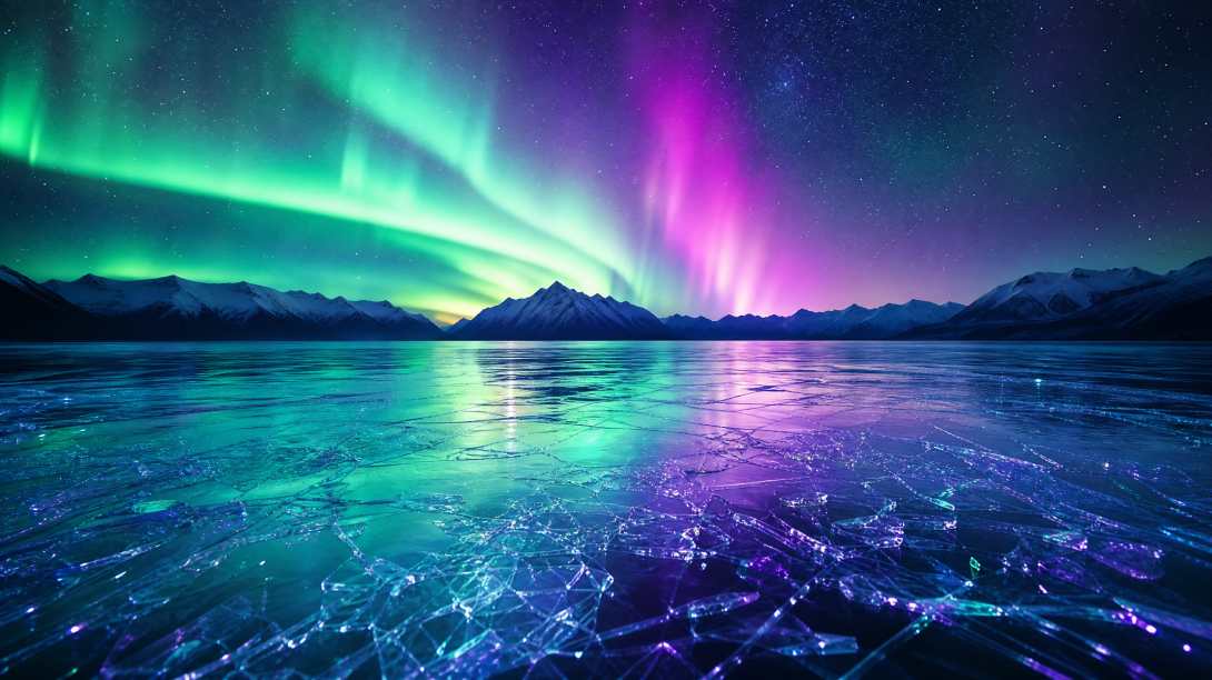 极光下的冰湖，绿色和紫色极光在夜空中舞动，湖面冰晶反射光芒，远处雪山剪影，长时间曝光，梦幻风格 - 唯爱壁纸