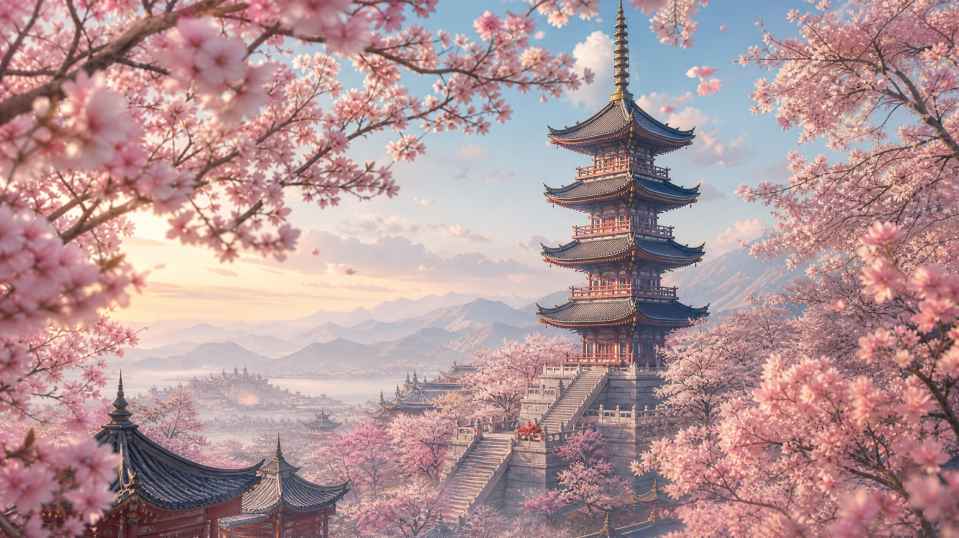 樱花与塔 古风高塔 花树环绕 古韵悠长 4K壁纸 - 唯爱壁纸