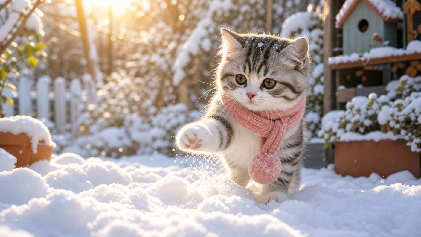 冬日暖阳与猫咪玩雪 猫咪踩雪 阳光照耀 萌趣治愈 4K壁纸 - 唯爱壁纸