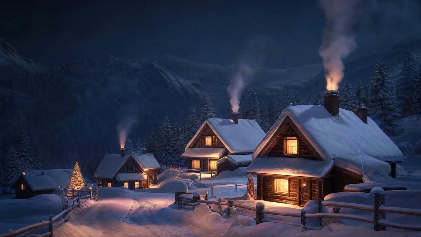 雪夜村庄，小屋灯光，烟囱冒烟，厚雪，温馨，写实 - 唯爱壁纸