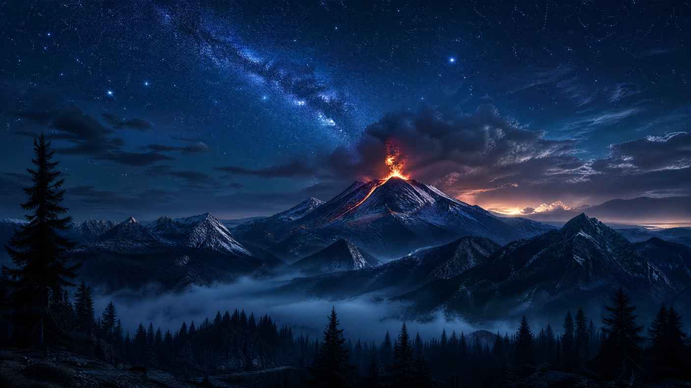 自然 景观 山脉 树木 火山 云 星星 夜雾 4K壁纸 - 唯爱壁纸