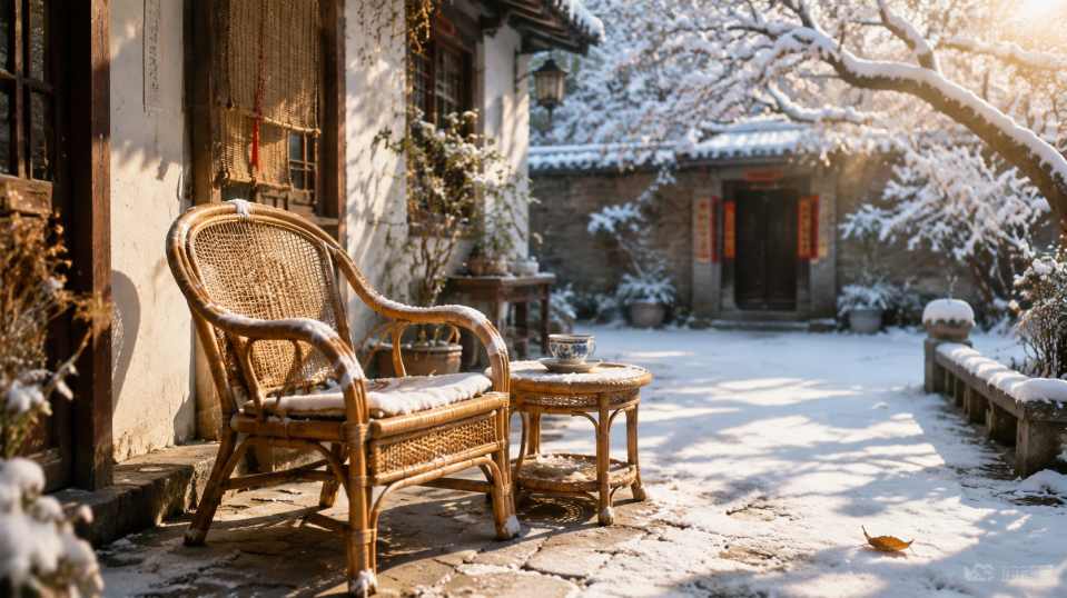 冬日暖阳与老藤椅 老藤椅 晒暖阳 庭院雪景 闲逸冬日 4K壁纸 - 唯爱壁纸